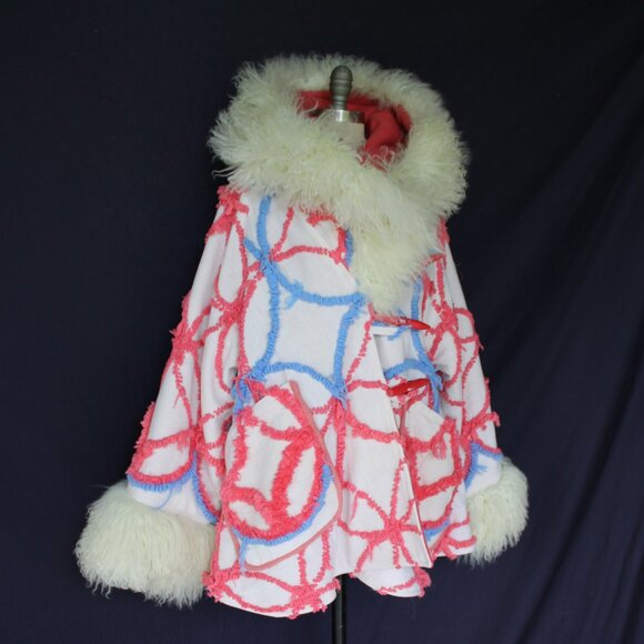 Artisan Vintage Chanille blanket jacket mongolia lamb cloak poncho toggle coat - Picture 9 of 12